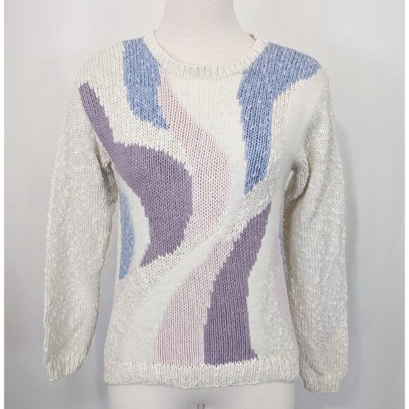 Vintage 80s Sweater White Purple Blue Pink Hand Loomed Misses Size S - Picture 3 of 7